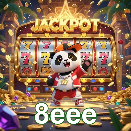 Imagem da slot Jackpot Panda, disponível no site 8eee, apresentando um panda sortudo e muitos prêmios.